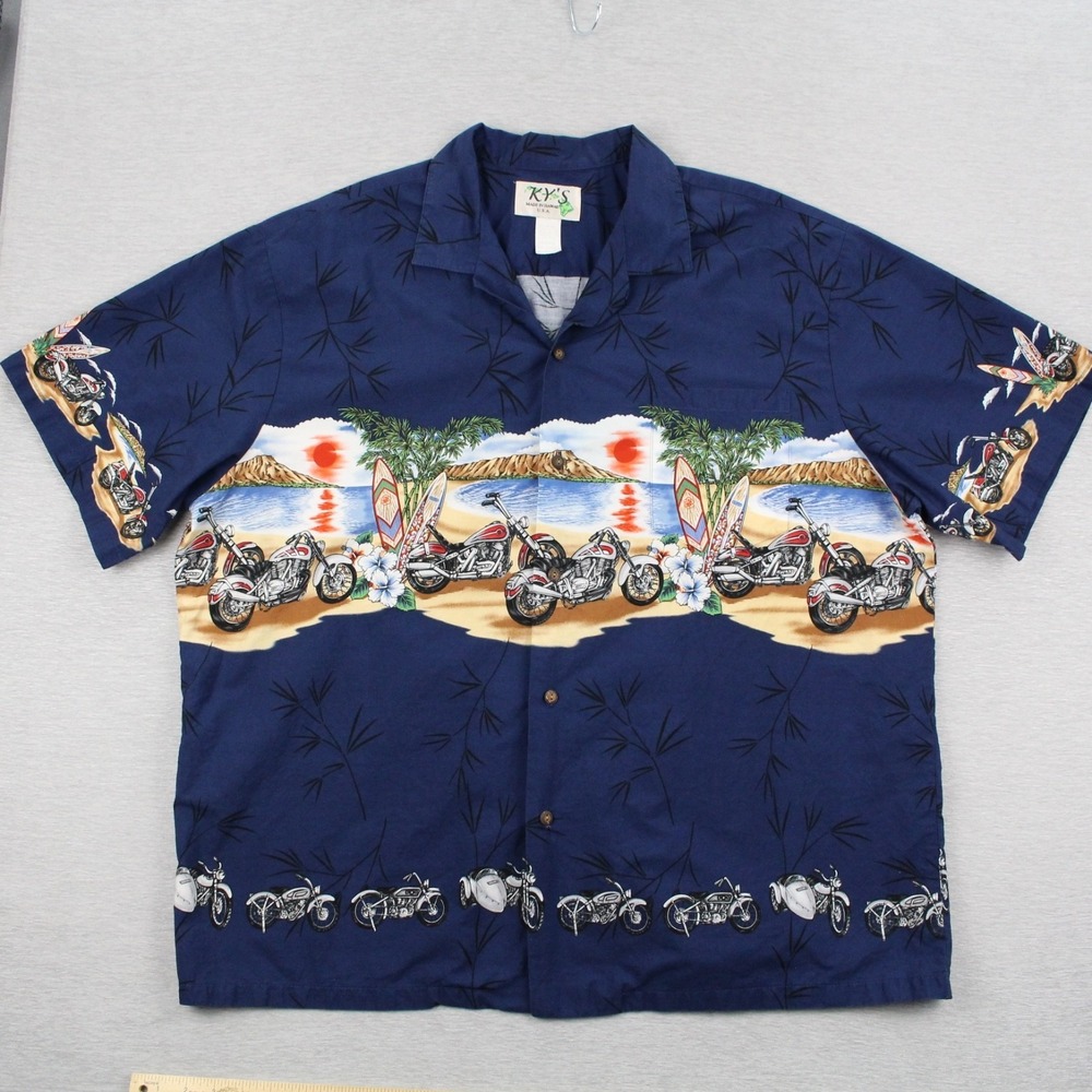 Ky's Hawaiian Button Shirt Mens Size 3XL Blue Floral Motorcycle Surfing Cotton